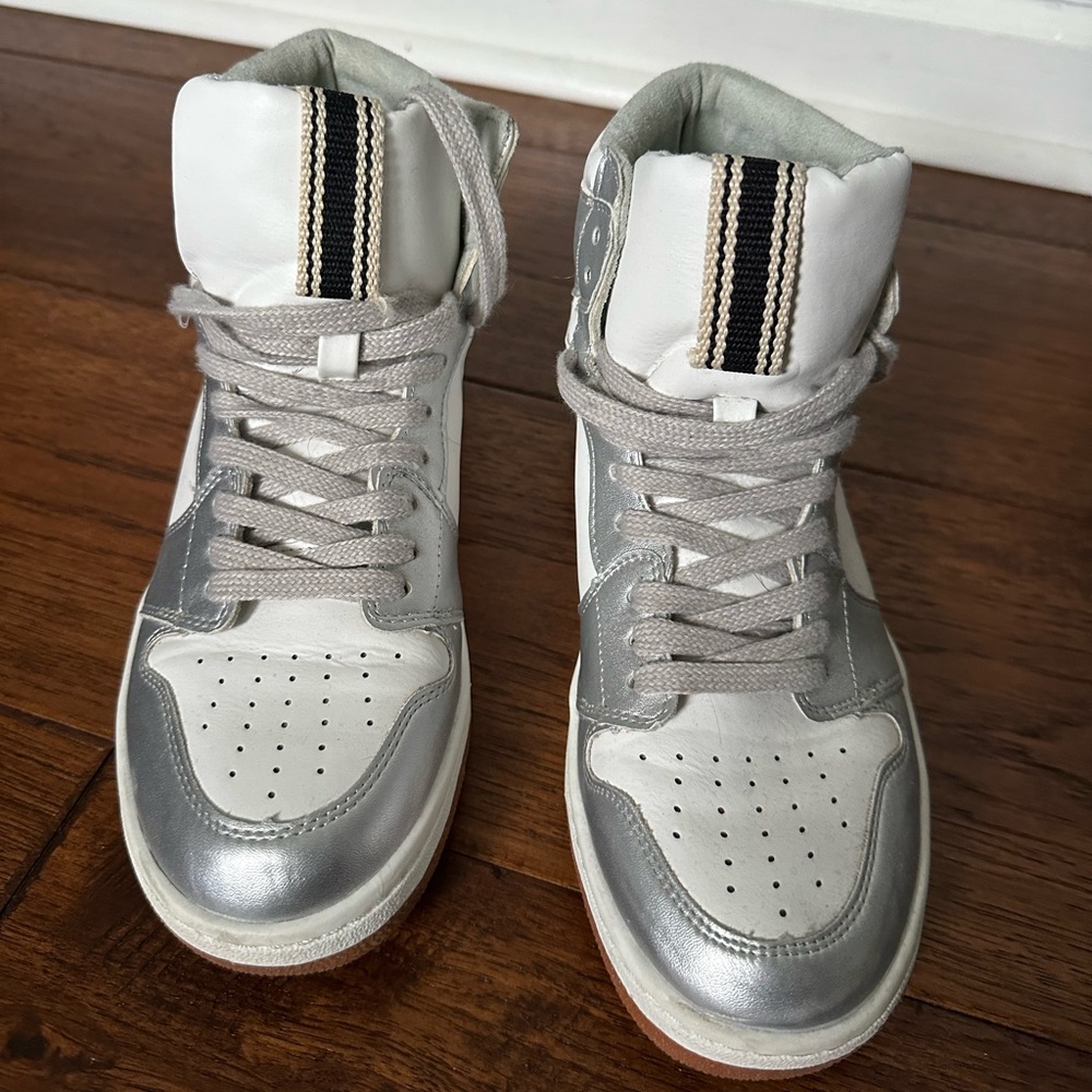 Shu Shop Stylish White and Metallic Silver High-Top Sneakers